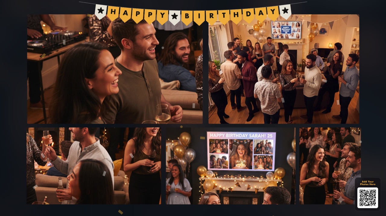 A live EasyPicShare slideshow at a birthday party, with a pennant banner and a scan-to-add-photos QR code