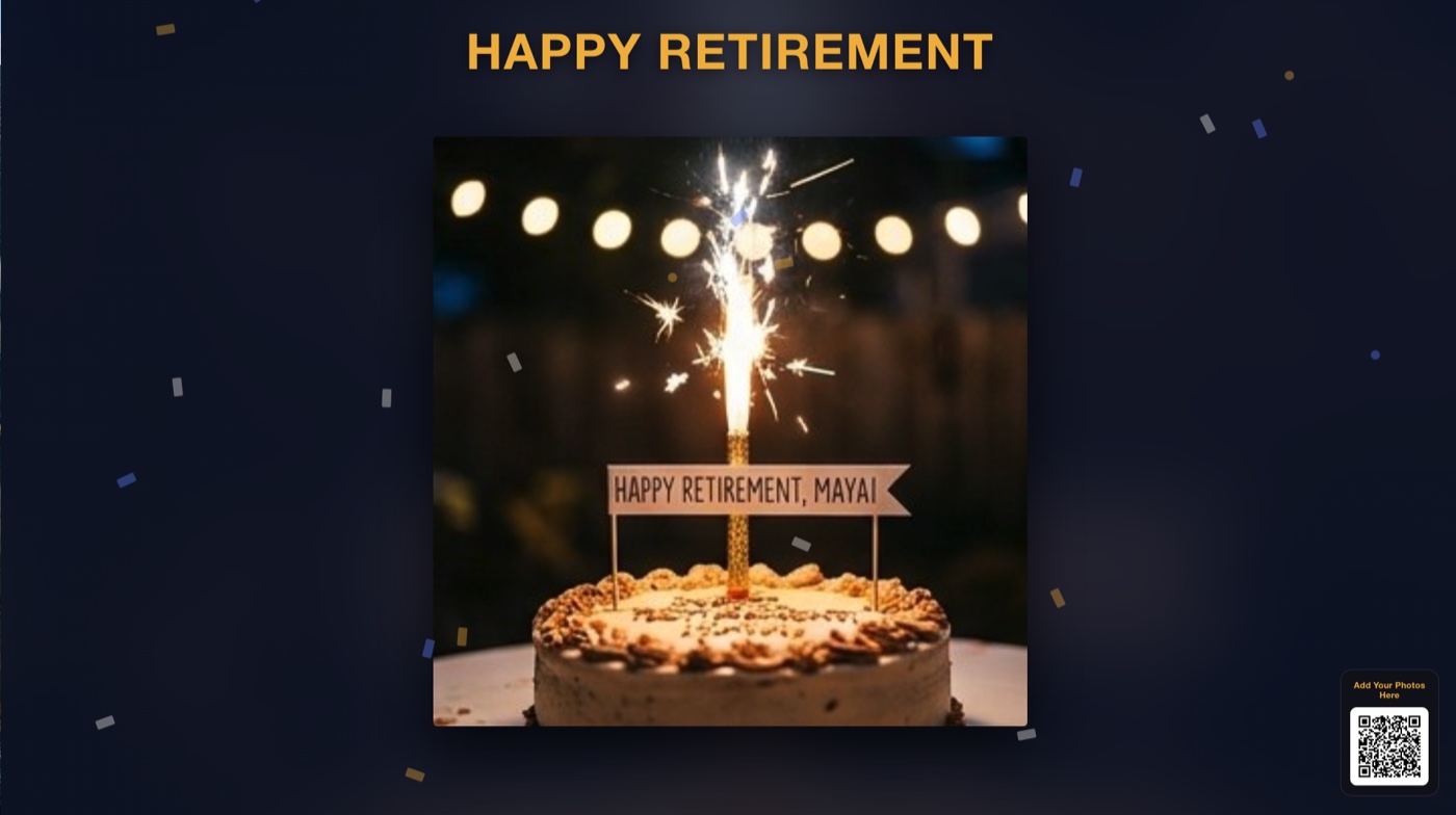 A live EasyPicShare slideshow at a retirement party, with a big-text banner and confetti